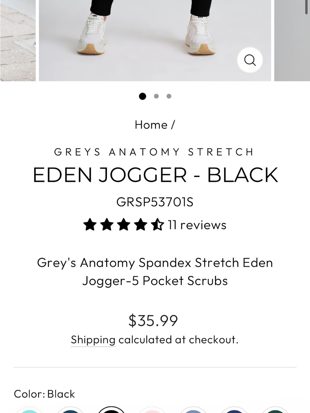 Grey's Anatomy Black Eden Jogger Scrub Pants